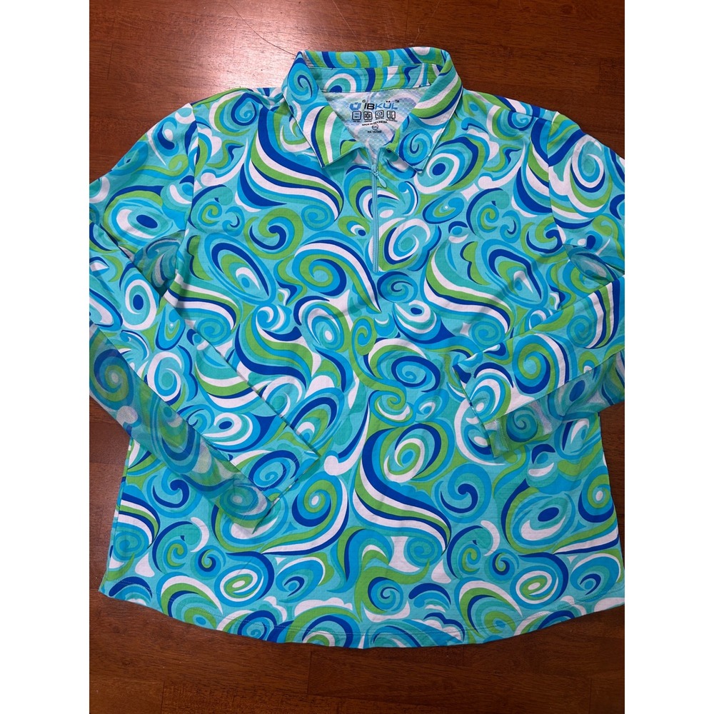 IBKUL Sun Shirt Womens XXL Blue Green Swirl UPF 50+ Cooling Long Sleeve 1/4 Zip